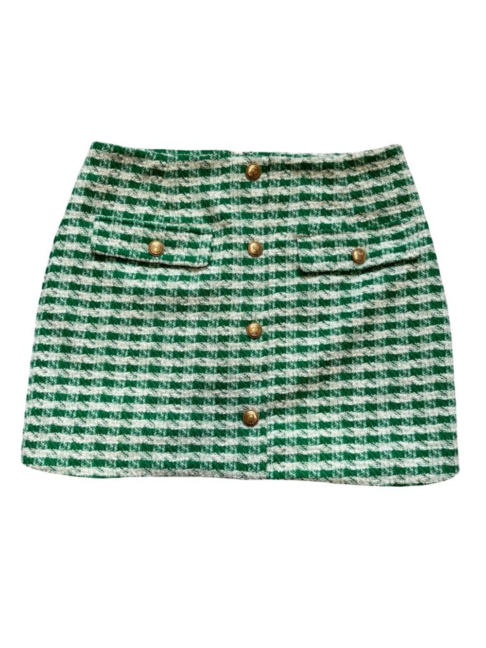AQUA Green White Gingham Tweed Mini Skirt Gold Crest Buttons Size L